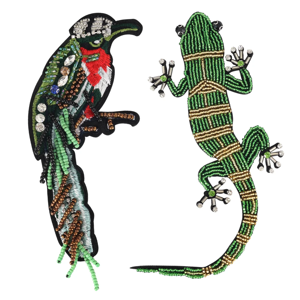 Beaded Gecko House Lizards Badge Green Bird Patches Embroidery Applique for Bags Clothes Decor Badge Emblem Sewing Accessories