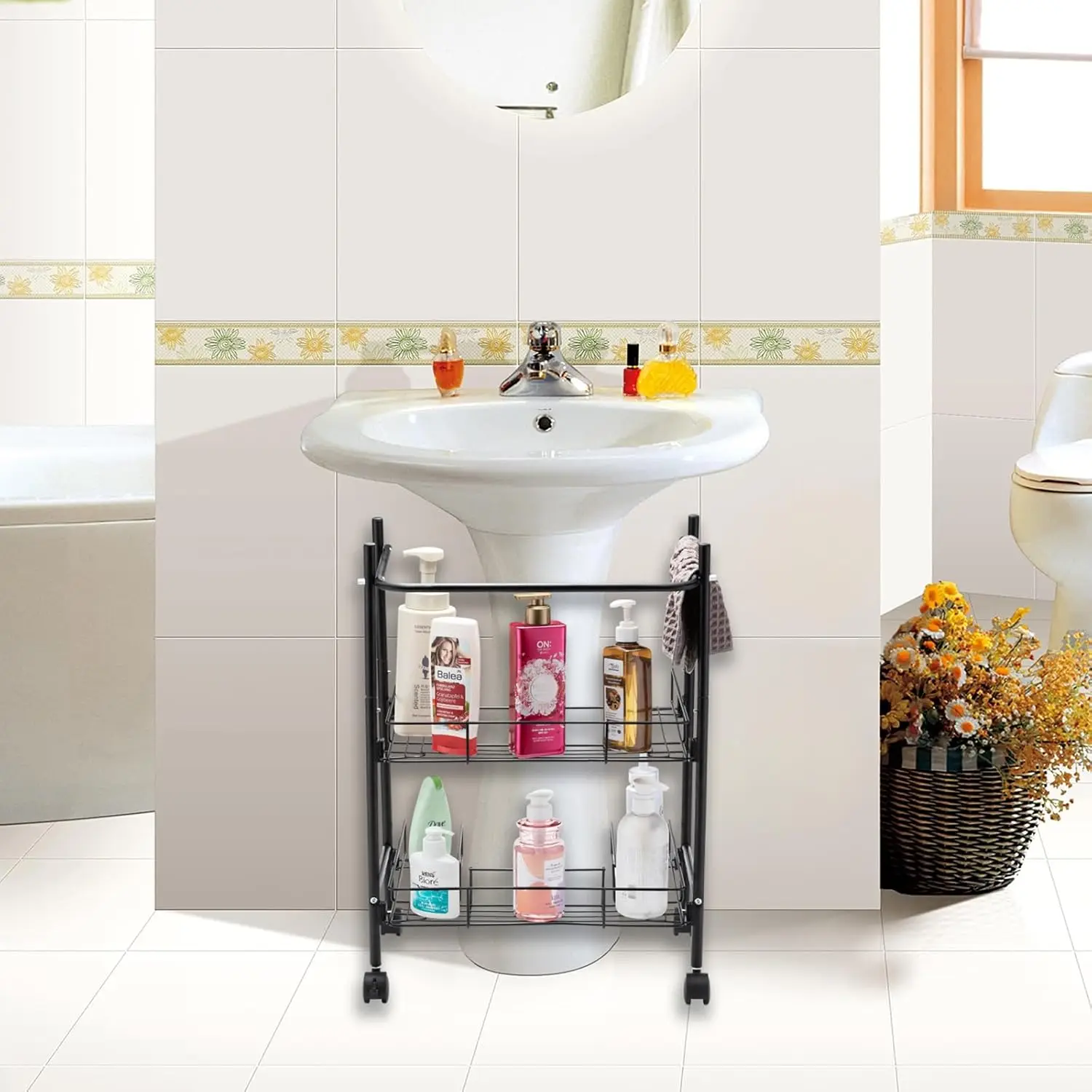 

2-Tier Under Sink Organizer Multipurpose Movable Rolling Cart Storage Cabinet Basket for Bathroom Kitchen with Hand Towe