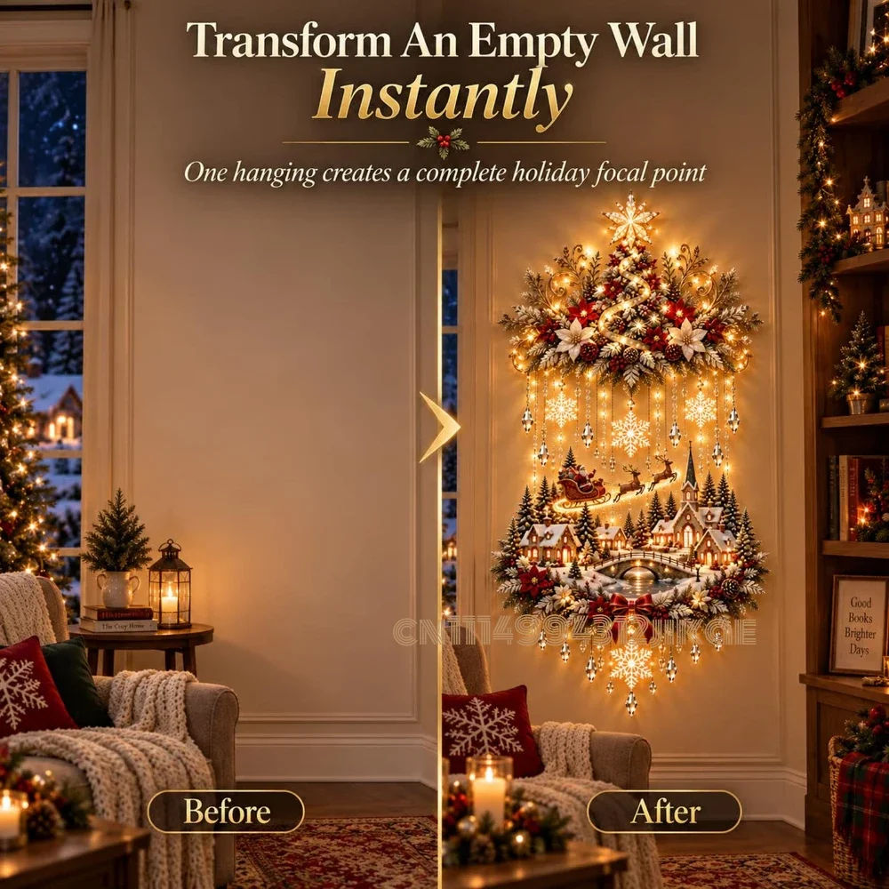 Illuminated Christmas Tree & Village Wall Hanging Cascading Warm Lights,Tree And Village Scene | Warm Cascading Lights