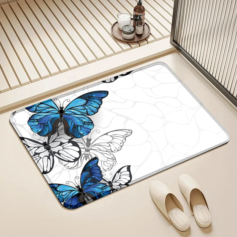 

Blue & White Butterfly Flannel Doormat Non-Slip Absorbent Soft Floor Mat for Entryway Bathroom Kitchen Home Decor