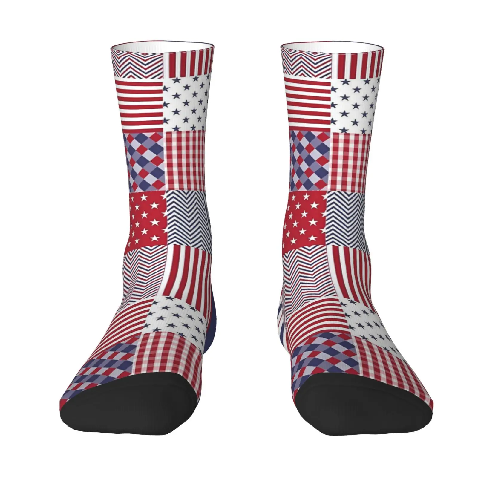 1 Pair of Unisex Flag-element Patchwork Plaid Pattern Printed Socks, American Patriotic Theme, Comfortable and Breathable