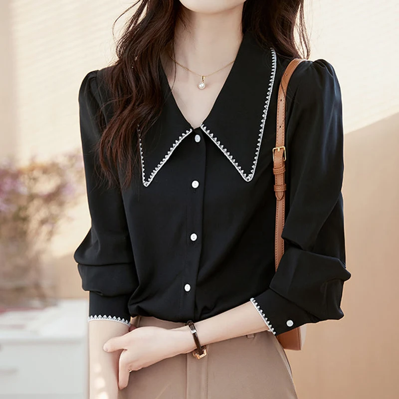 

Temperament Button Loose Blouse Spring New Long Sleeve Polo Neck Office Solid Chiffon Shirt Tops Fashion Elegant Women Clothing