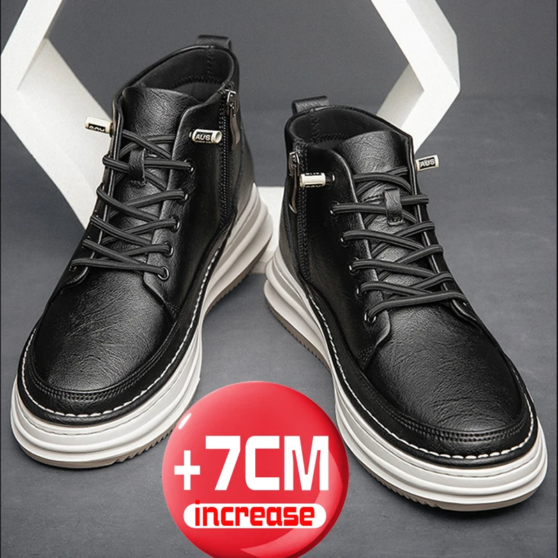 Men business cow leather shoes men's casual breathable work boots height increase 7cm shoes genuine leather elevator shoes