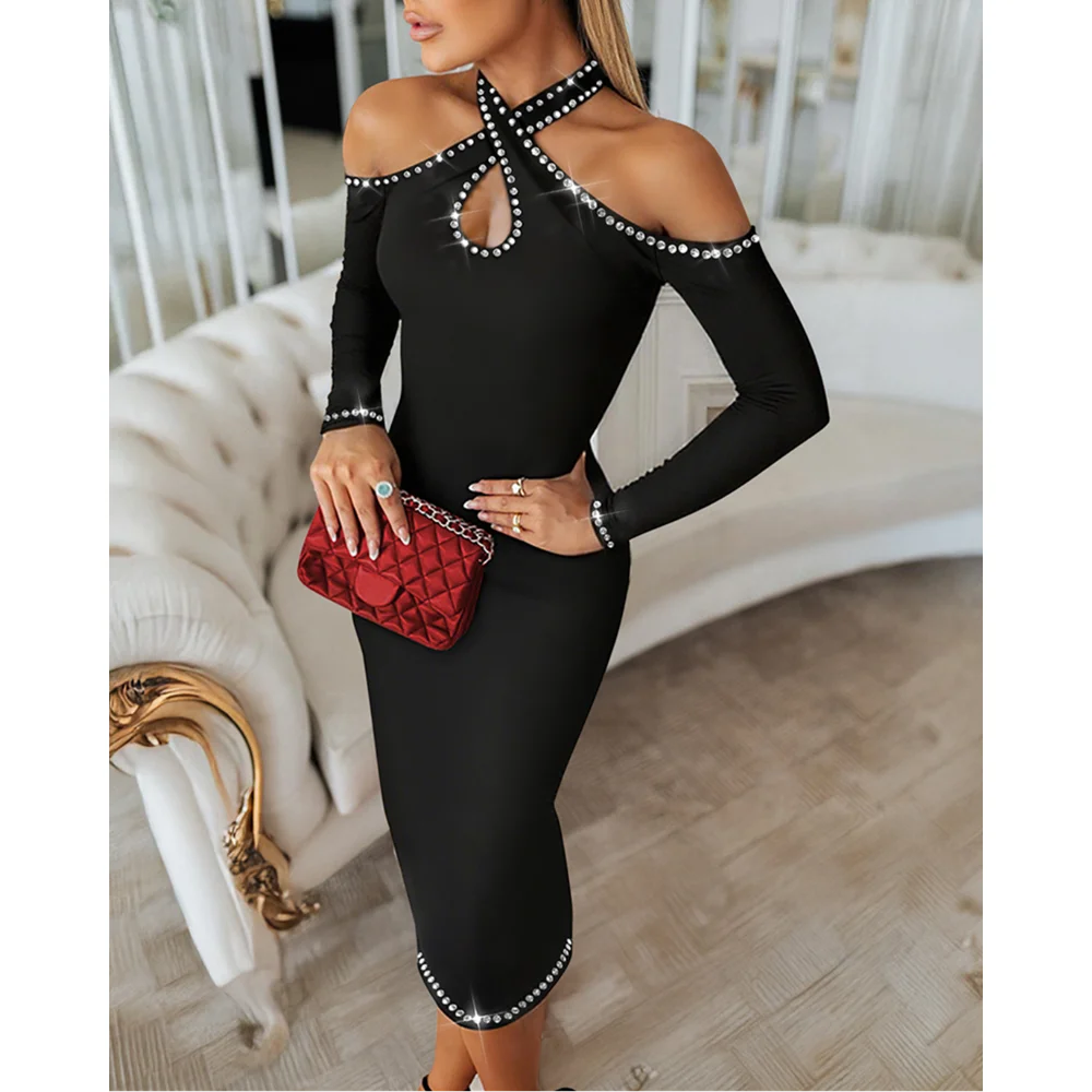 

Women Rhinestone Decor Halter Cold Shoulder Long Sleeve Bodycon Dress Hollow Water Drop Evening Dress Black Outfits for Party