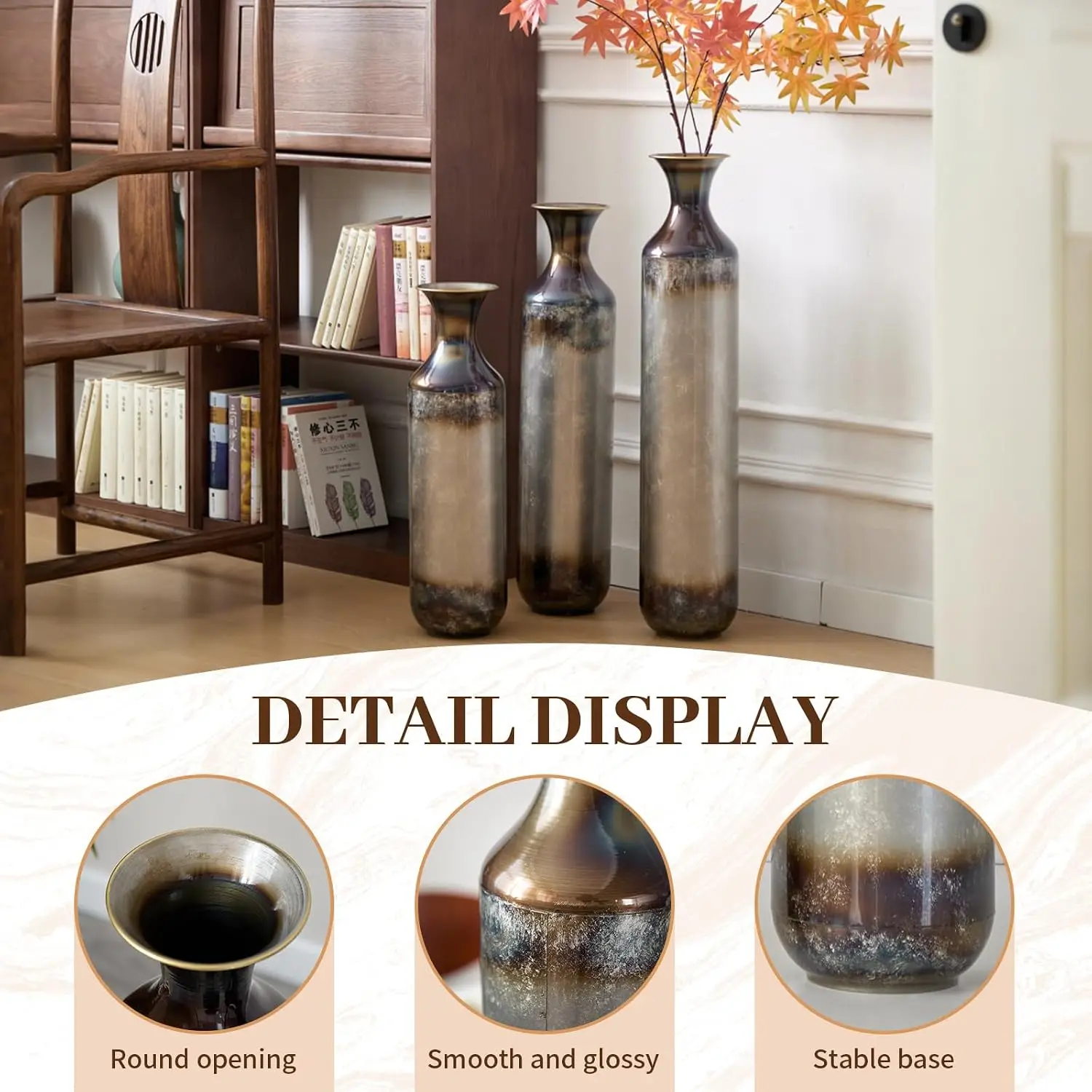Extra Large Floor Vases Decorative Tall Set of 3, Rustic Burnt Finish Metal Floor Vases for Decor Living Room, Fireplace Corner