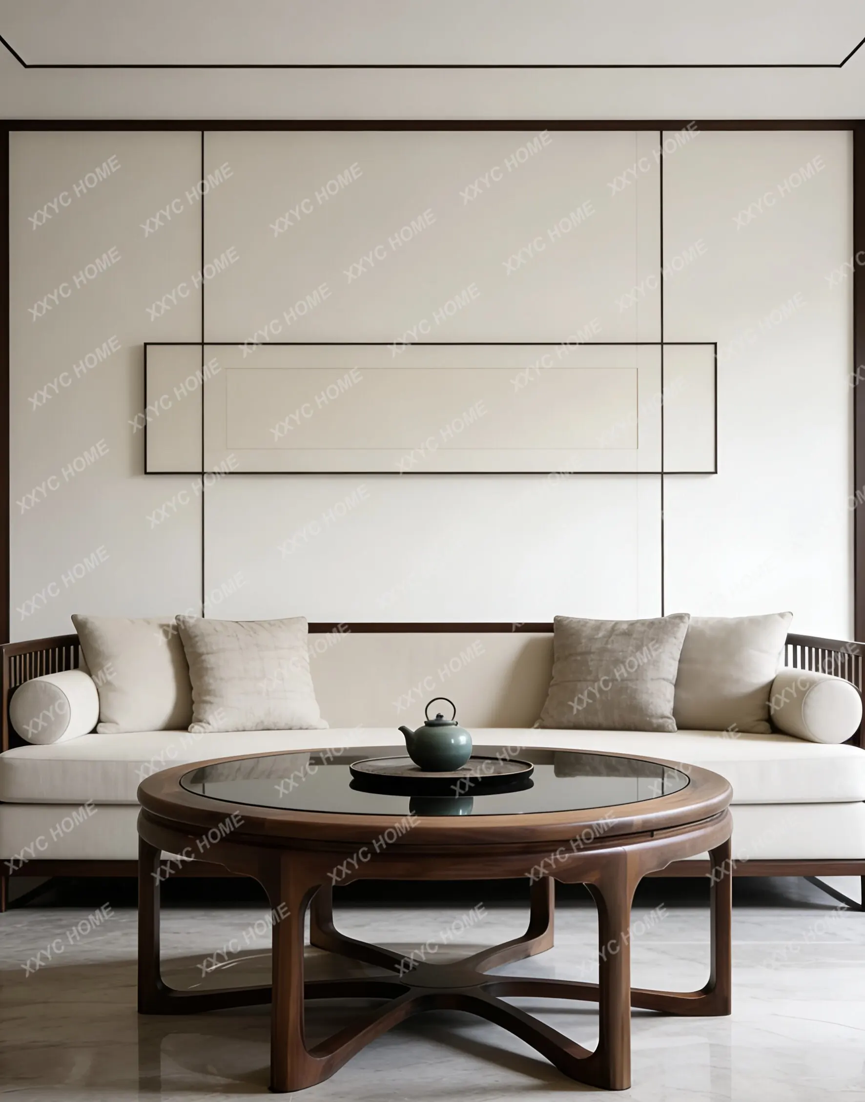 LNew Chinese style all-solid wood round glass surface coffee table living room small apartment