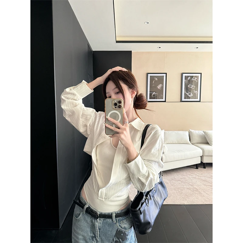 MEXZT Y2K Camicie a righe Moda donna Patchwork sexy Body Gyaru Streetwear Coreano Manica lunga Design sottile Camicette Top Nuovo