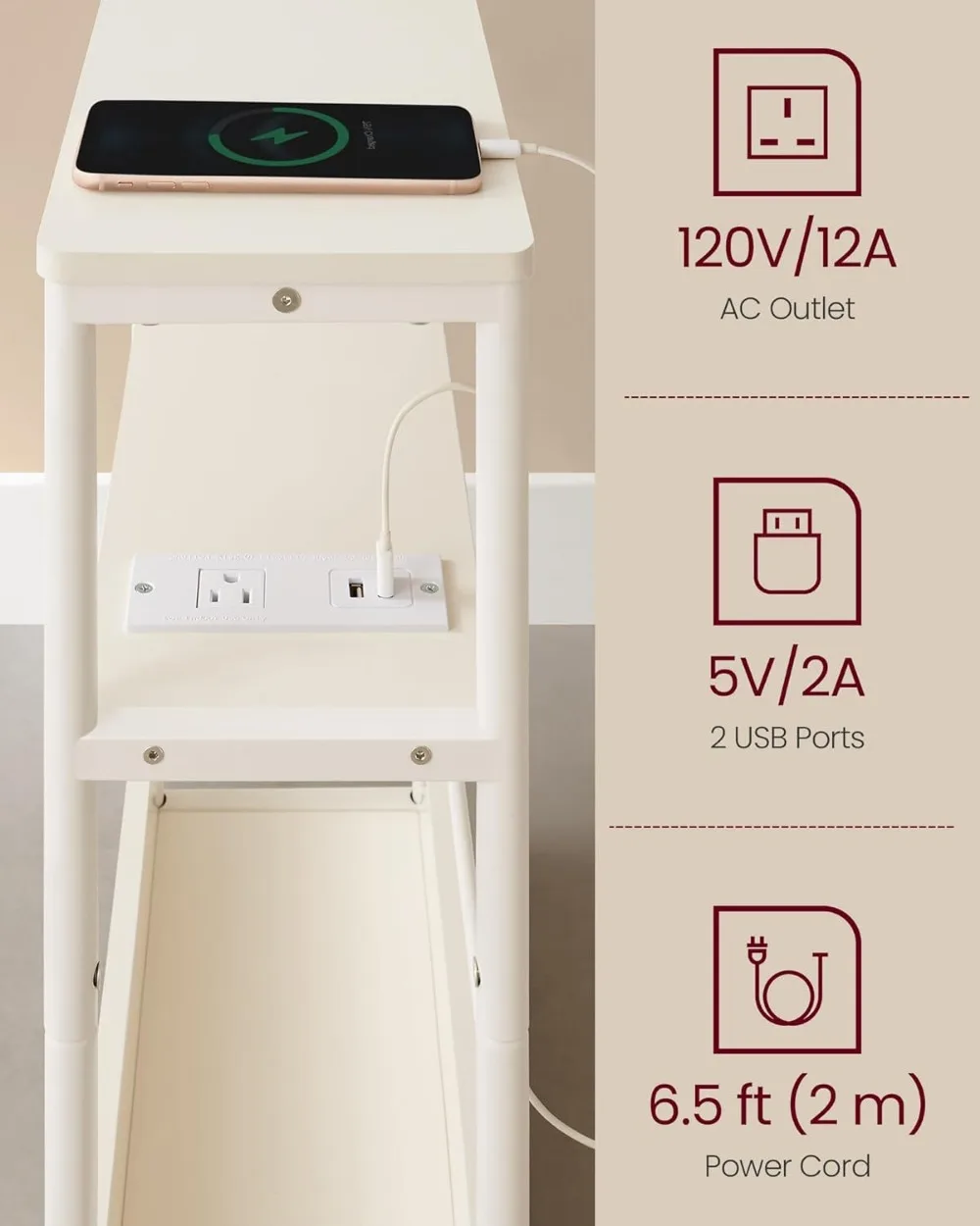 Compact Side Table with Charging Station, 3-Tier Nightstand for Small Spaces, Cream White