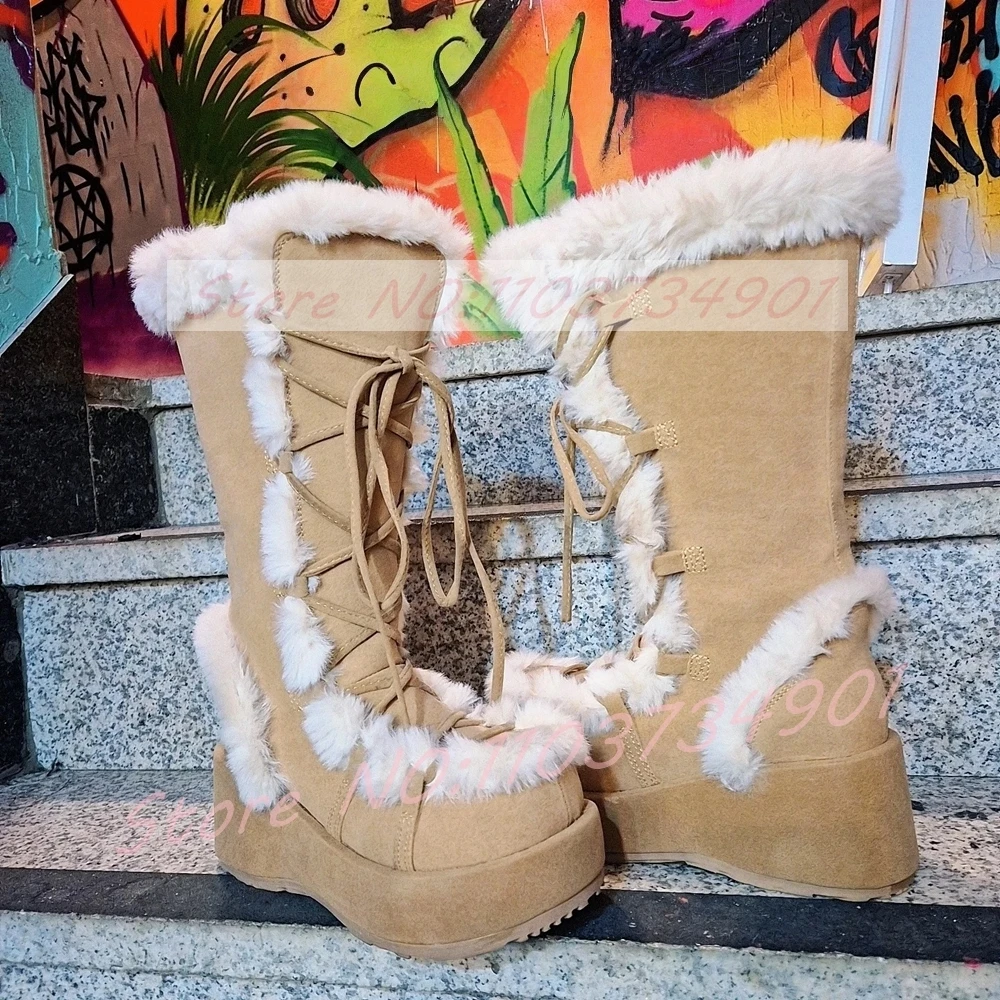 

White Fur Mid Claf Snow Boots Women Beige Suede Lace-up Thick Sole Boots Lady Lolita Winter Party Y2K-Chic Footwear