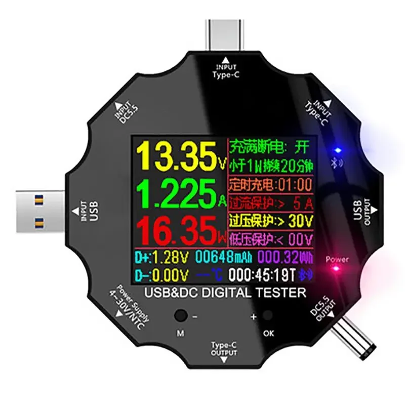 

USB-тестер мощности, Bluetooth-совместимый USB-тестер DC5.5 USB3.0 Type-C Монитор напряжения тока, мультиметр с ЖК-дисплеем