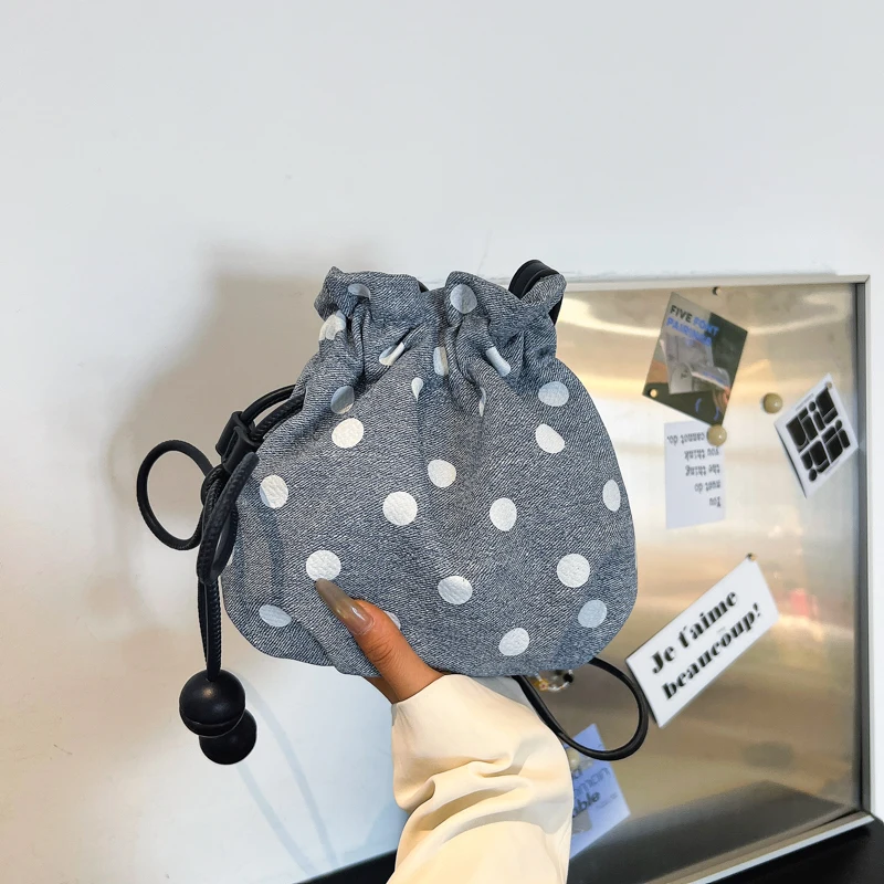 

Women's Polka Dot Drawstring Bucket BagCrossbody Purse, Lightweight Fabric Shoulder Bag with Ball Decor, Daily Use Small Handbag