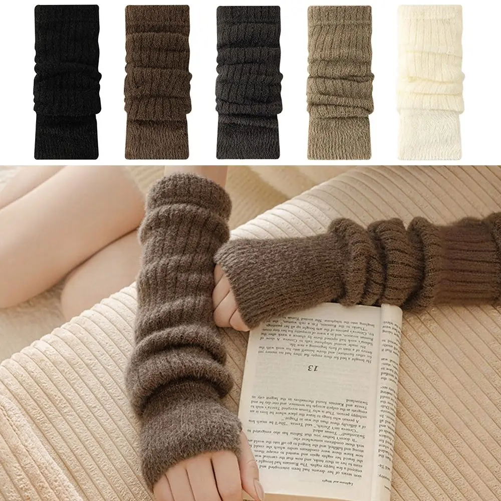 Long Wrist Arm Warmer Gloves Knitted Cold Proof Fingerless Gloves Solid Color Soft Stacked Warm Arm Sleeve Casual Wear