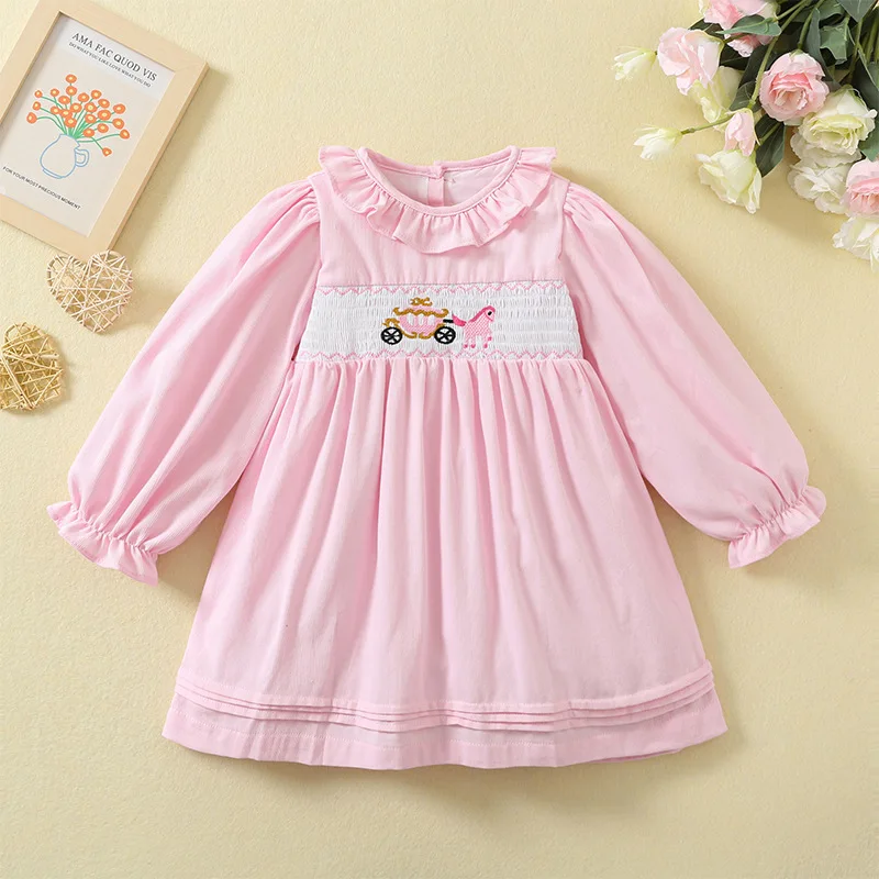 

2023 Spring New Baby Smocked Baby Clothes Girls Pink Long Sleeve Dress Embroidery Flower Print Kids Cute Floral Princess Dresses