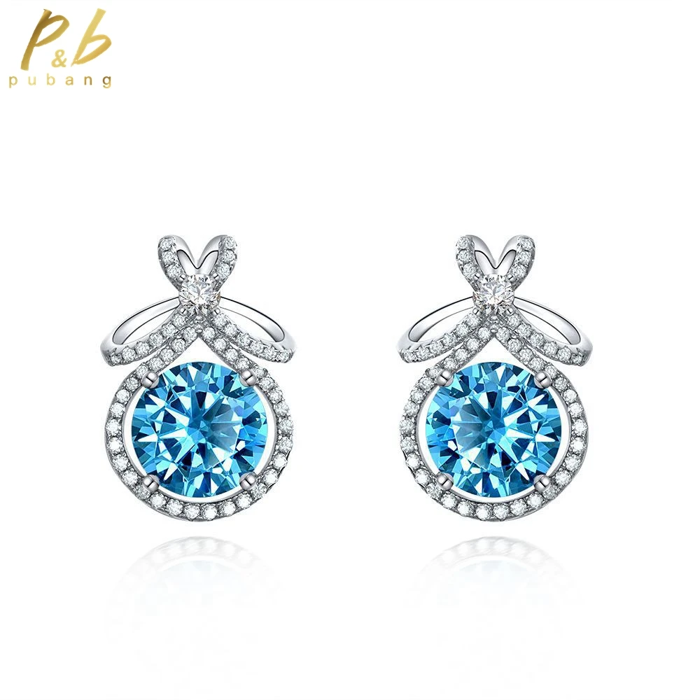 

PuBang Fine Jewelry 100% 925 Sterling Silver Stud Earrings Blue/Green Round Gem Created Moissanite for Women Gifts Drop Shipping