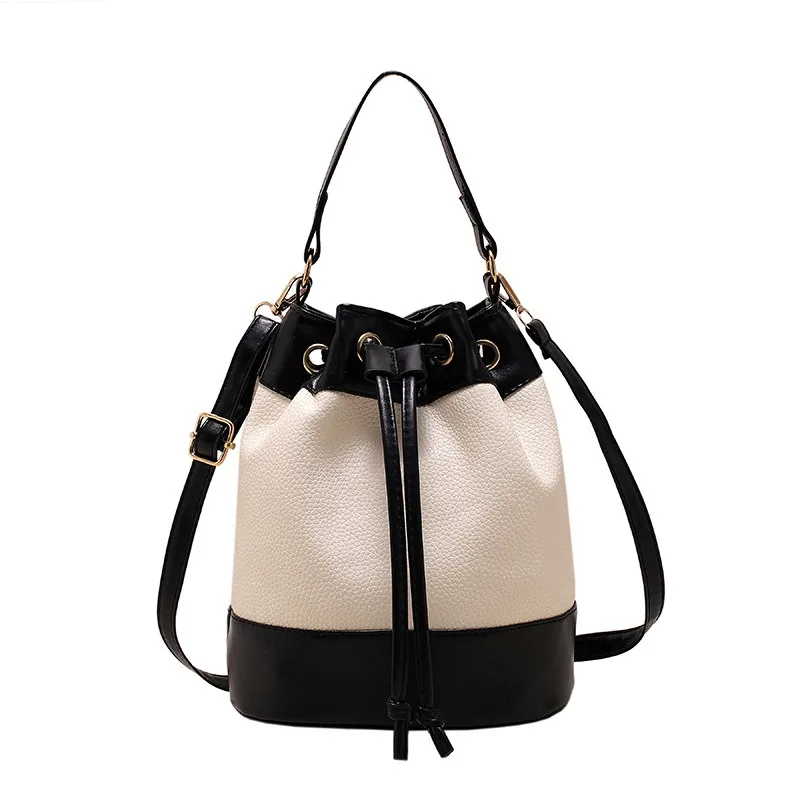 New PU Material Bucket Crossbody Bag Advanced Feeling Drawstring Small Shoulder Bag Spliced Mini Single Shoulder Crossbody Bag