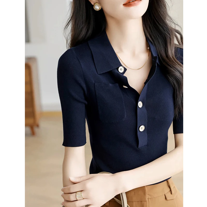 

Облегающий вязаный топ из ледяного шелка, женский летний тонкий ор Све с отложным воротником, модная футболка с модным базовым слоем irt