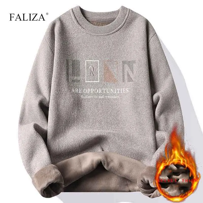 FALIZA Winter Mens Pullovers Crew Neck Knit Thick Warm Sweaters High Quality Comfortable Couple Knit Sweater Jumper Men Clothes