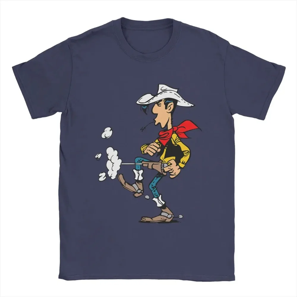 Summer Funny Men\'s T-Shirt Lucky Luke Cartoon 100% Cotton Tops Tee Crazy Short Sleeve O-Neck Large Size T-Shirt for Men Clothing