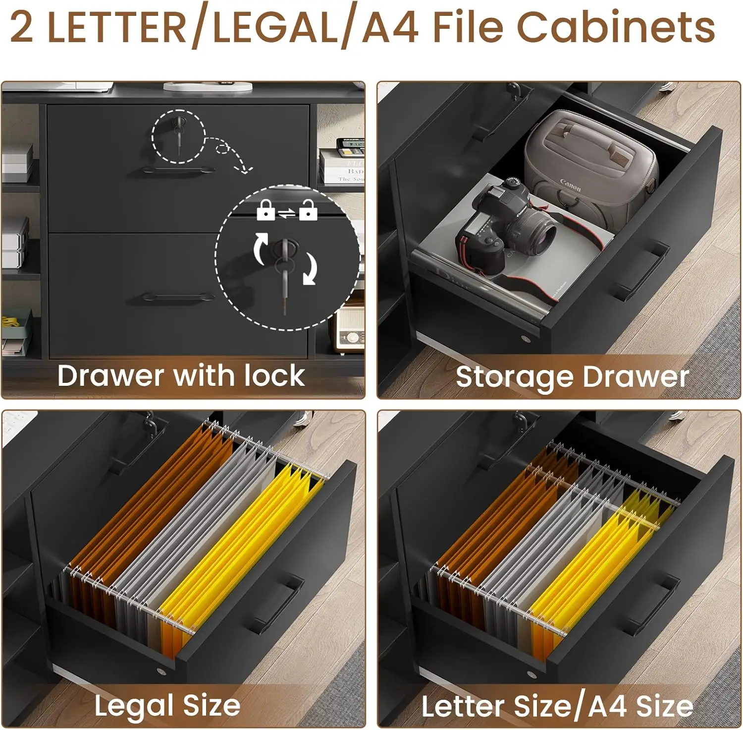 Schedario da 44 ", schedari adatti a documenti legali, lettere, formato A4, schedario per ufficio a 2 cassetti per l'home Office con serratura