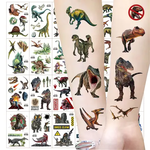 6pcs/set Dinosaur Temporary Tattoo Stickers  Waterproof Animal Cartoon Fake Tattoo Women Men Body Decor