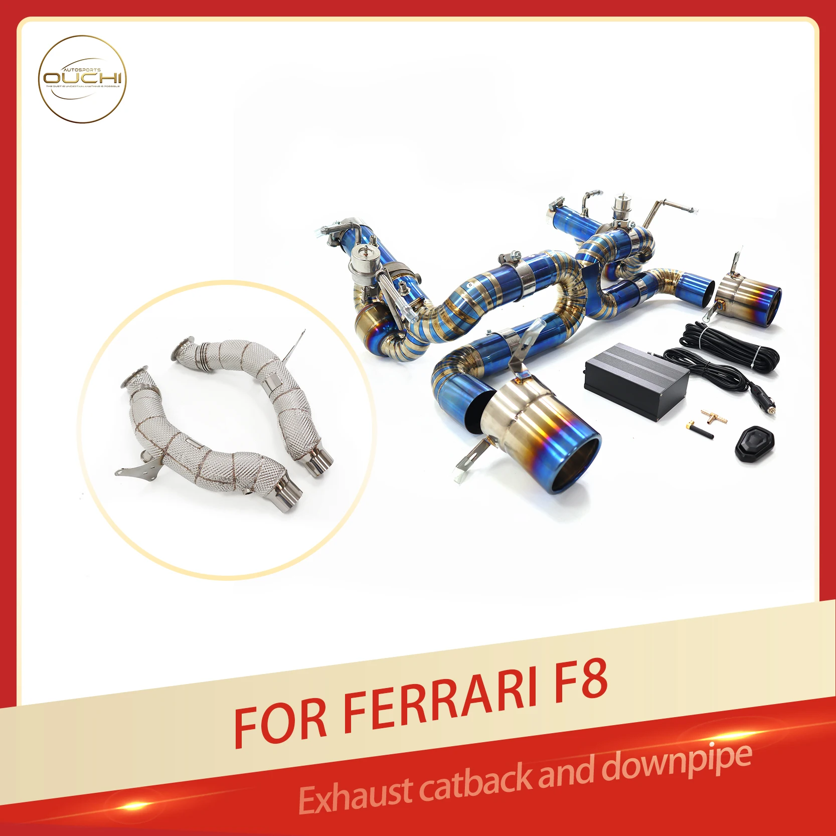 

OUCHI High Precision Machining SS304 Downpipe for Ferrari F8 TC4 Catback Exhaust With Vacuum Valve Grilled Blue Tips