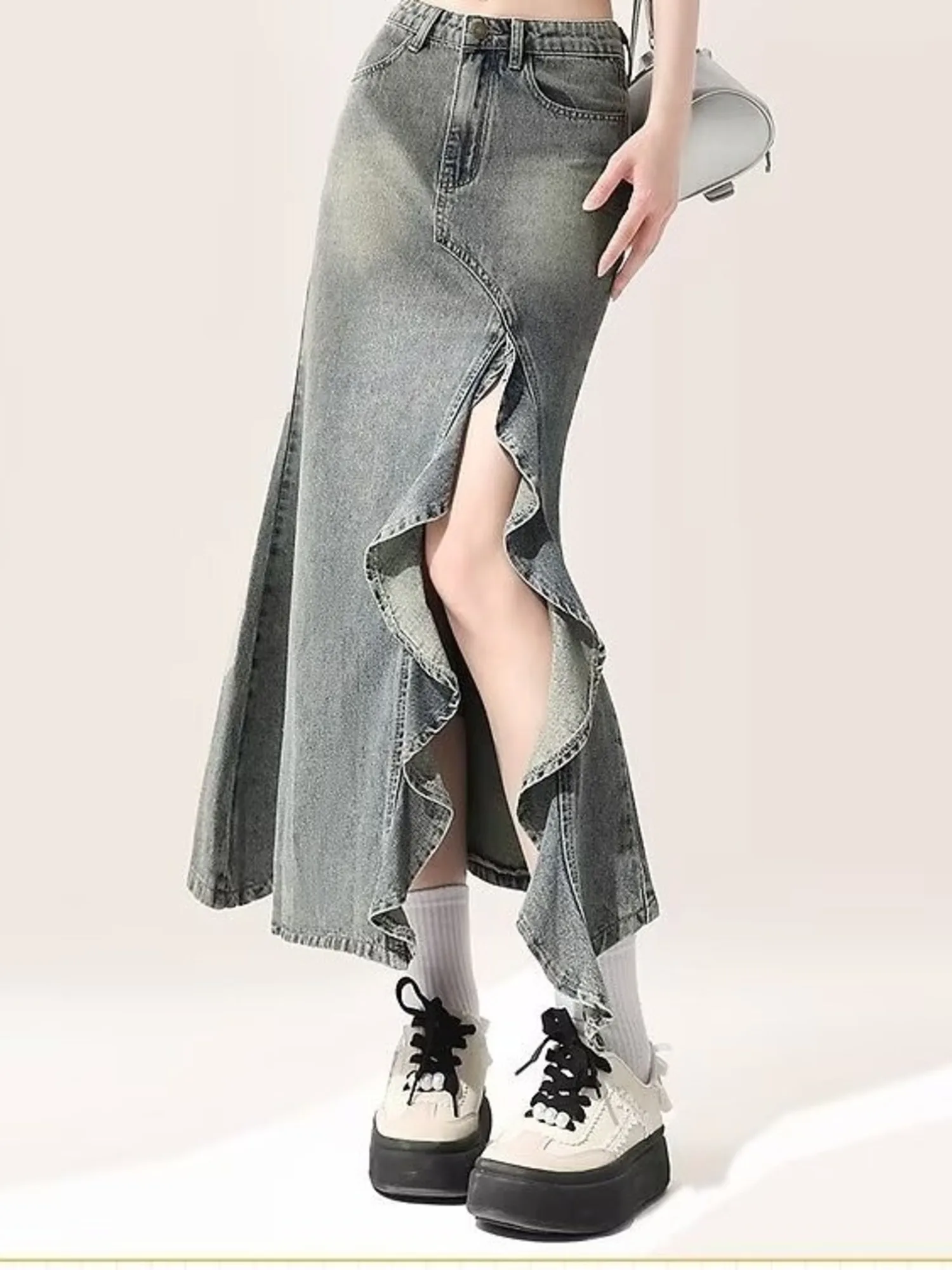 Women's Vintage Washed Denim Mermaid Maxi Skirt High Waist Front Slit Ruffle Hem Midi Jean Skirt XS-3XL view 2