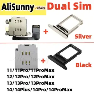 Bilashmart 1set Dual Sim Card Reader Flex Cable + Tray Slot iPhone 14 Plus 12 13 11 Pro Max Nano Connector Holder Adapter