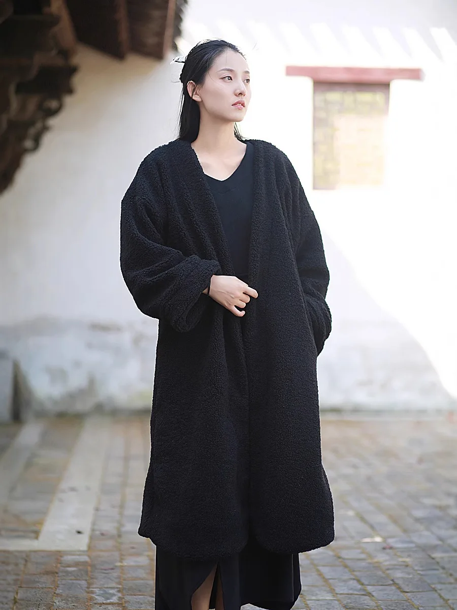 TIYIHAILEY الشتاء النساء ملابس خارجية معاطف فضفاضة طويلة منتصف العجل الصوف سترة دافئة خندق سميكة سترة سوداء مع جيوب زر واحد #3