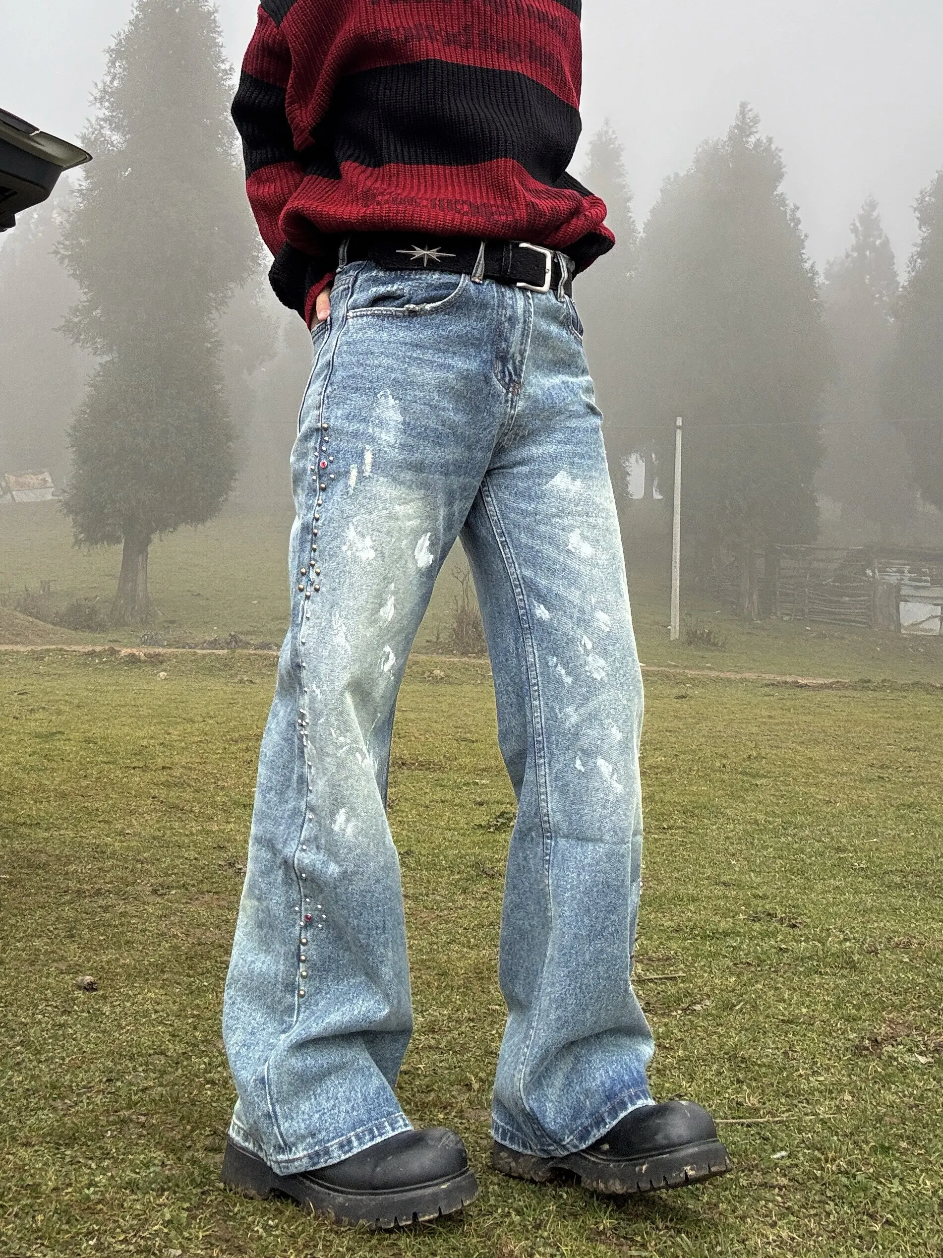 

Rustic Washed Distressed Jeans Men's Loose Straight Leg Blue Denim Pants High Street Style Spring Wear Resistant Non-stretch