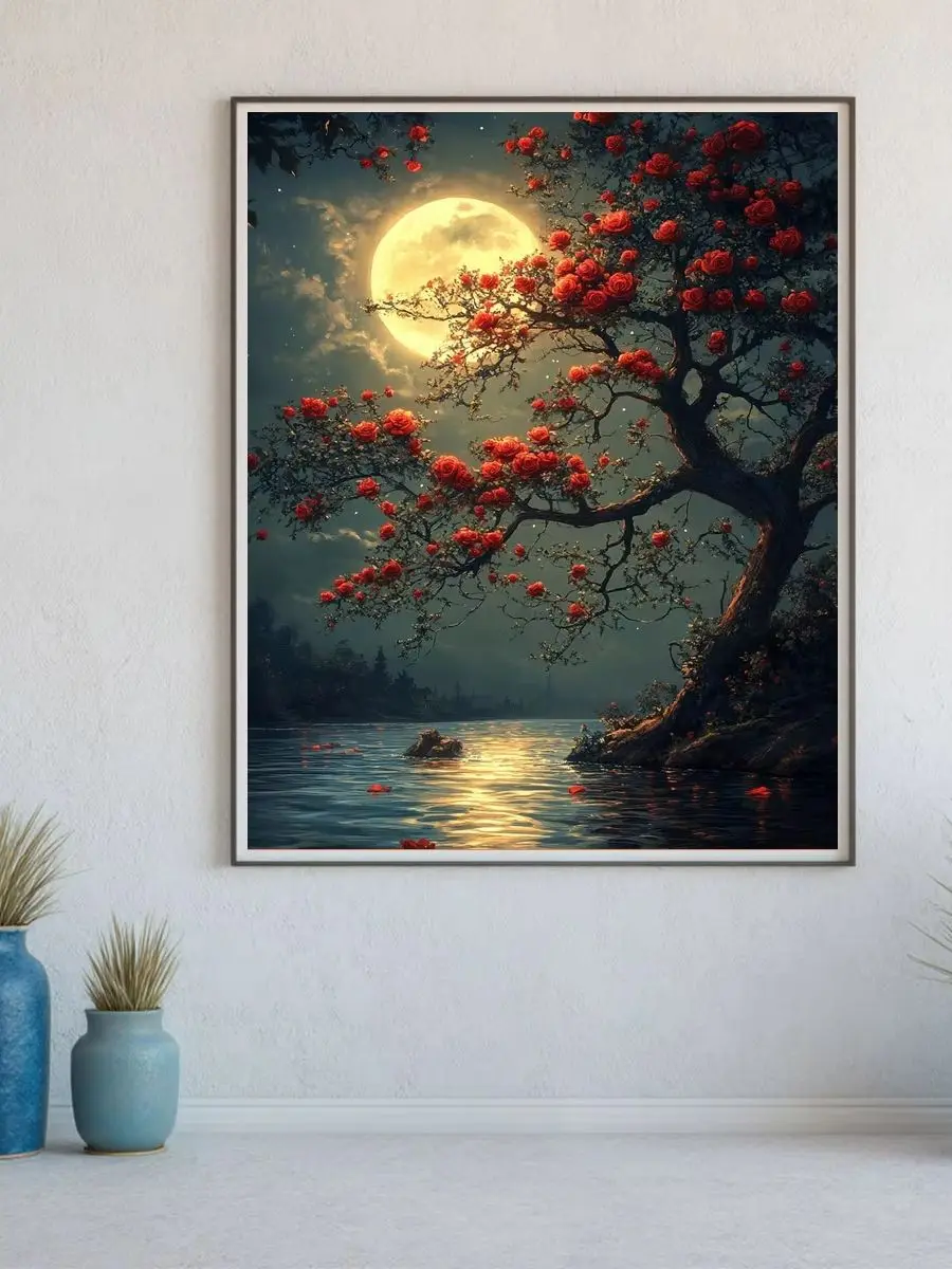 1 Stück 40x50 cm/15,7x19,69 Zoll, 11CT/14CT Kreuzstich-Set, DIY Valentinstagsgeschenk, Stickerei-Set für Festivals, Rotes Buch und Mond – Detail 1