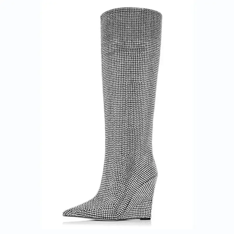 

European and American New Shiny Rhinestone Knee Length Boots with Pointed Wedge Sleeve High Heels, Sexy Show Women's Boots