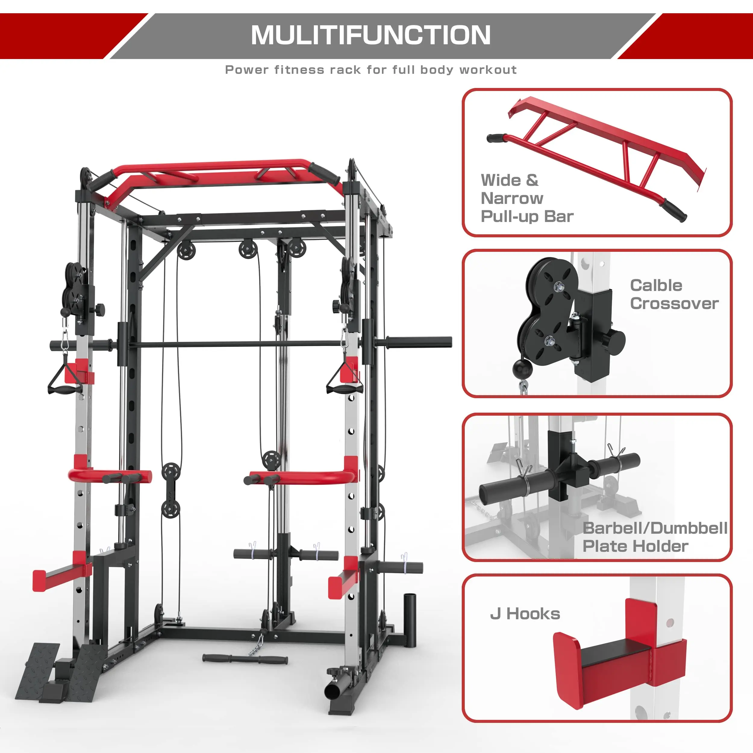 Smith Machine Power Cage with Crossover Cable Machine and LAT Pulldown for Home Gym Smith Rack and Cage