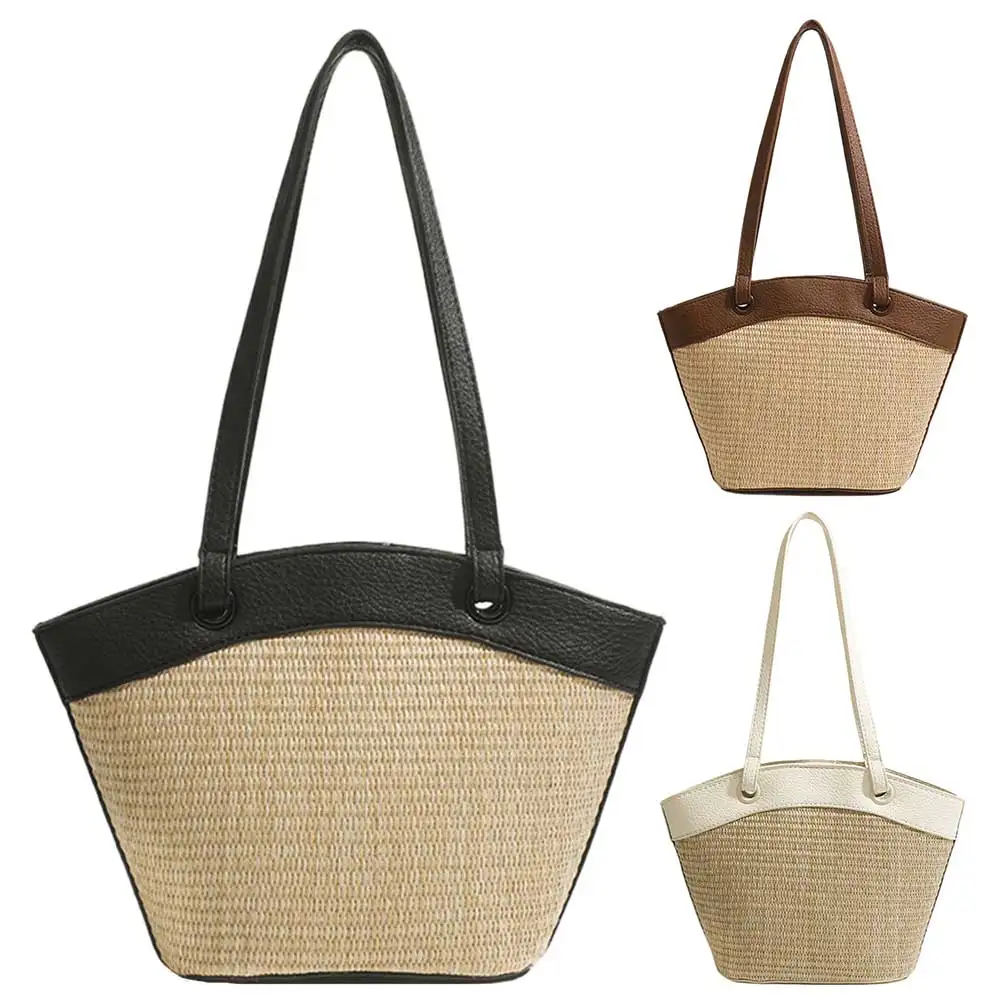 

Women Straw Woven Tote Bag Weaving Shoulder Bag Large Capacity Summer Braided Beach Bags Patchwork Vintage for Party Vacation