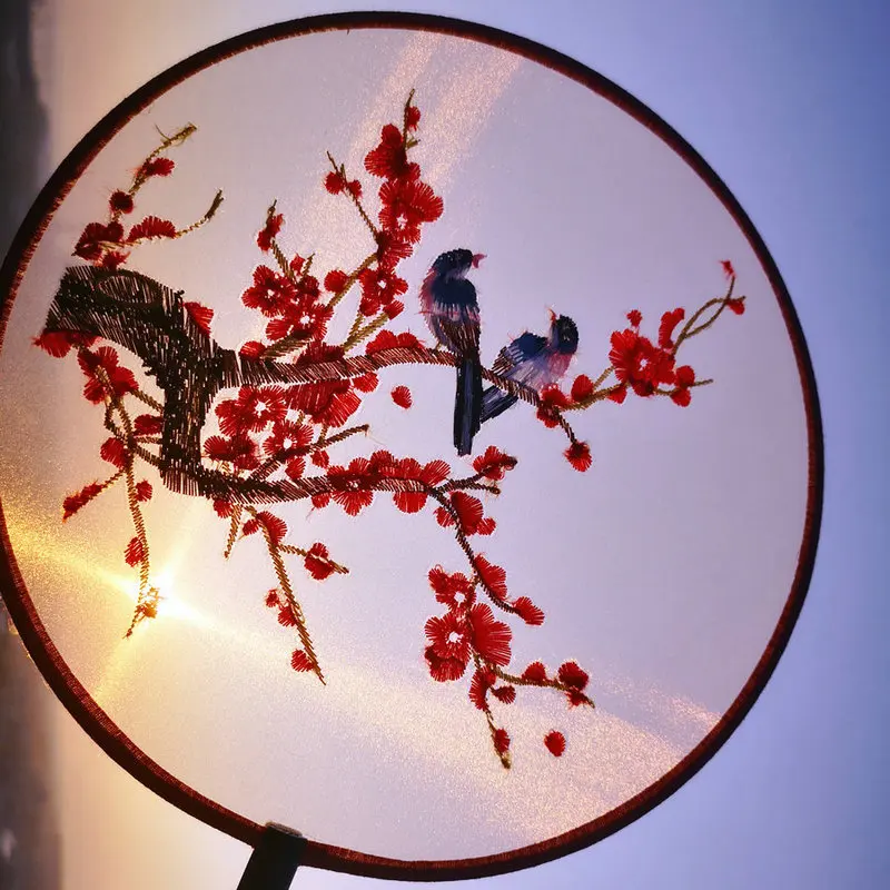 

Oriental Aesthetic Double Sided Embroidered Round Fan With Tassels Design Magpie and Plum Blossom Pattern Fancy Work Silk Fans