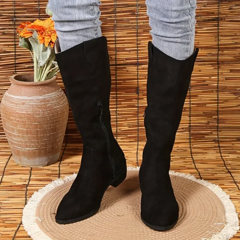 Pointed Toe Women Suede Motorcycle Boots Autumn 2024 Knee High Fashion Mid Heels Chunky Zipper Chelsea Boots Zapatos Mujer Boats