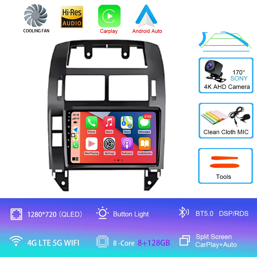 Auto radio Android 16 multimediaspeler GPS Carplay QLED scherm stereo voor Volkswagen VW Polo MK4 6Q 9N 9N3 2004-2009 - afbeelding 1