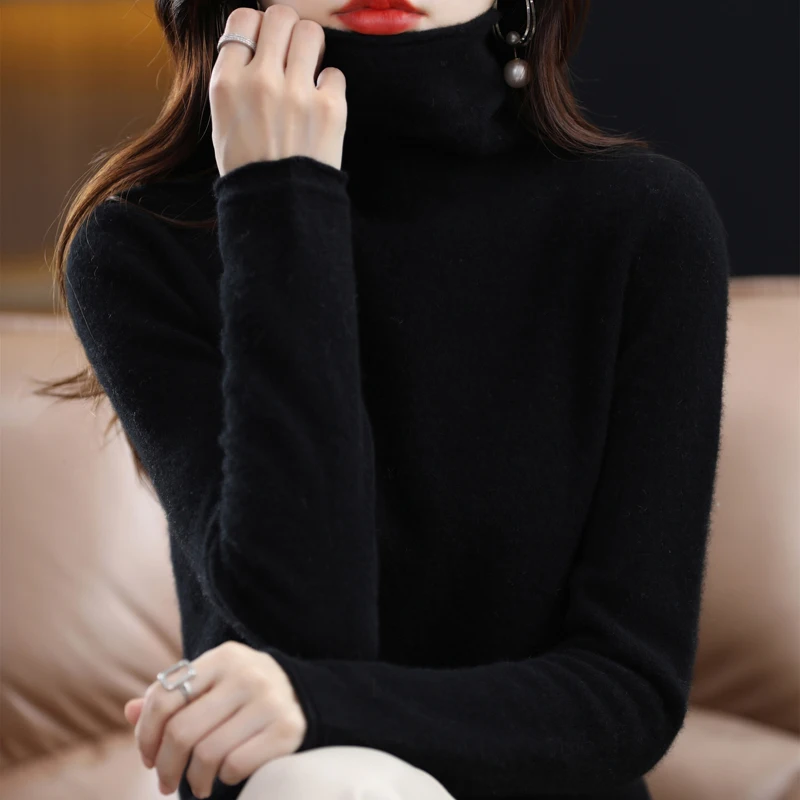 Women's High Neck Wool Pullover Cashmere Sweater Winter New Long Sleeve Knitwear Warm Temperament Top Loose Versatile Sweater