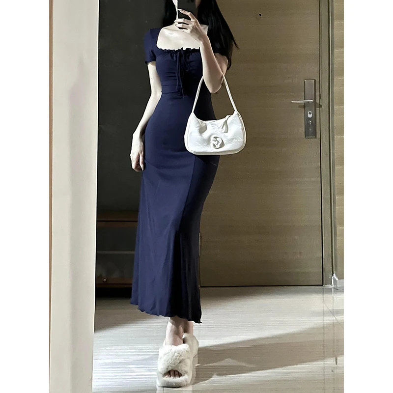 2024 Summer Short Sleeve Sexy Wrapped buttocks Trumpet Mermaid Long Dress for Women French Slim Fit Temperament Elegant Dress