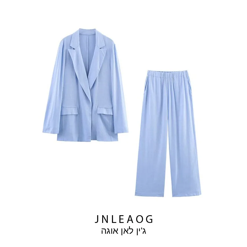 

JNLEAOG Spring New Women's Fashion Design Pleated Effect Wide Leg Pants Long Sleeve Button Style European Style Two Piece Set