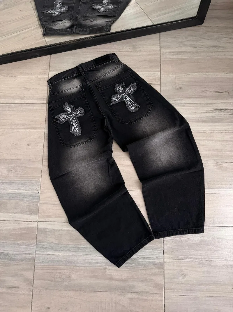 Vintage Hip Hop Popular New Fashion Pattern Embroidery Patch Washed Jeans Men Y2K Harajuku Straight Wide-leg Trousers