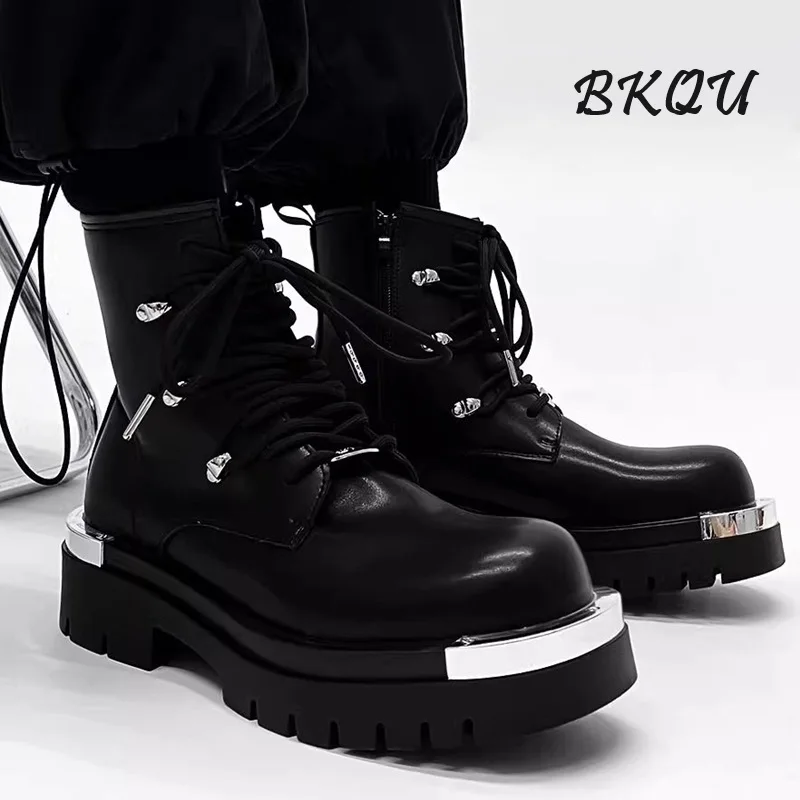 BKQU 2024 New Big Head Platform Boots for Men in The United Kingdom Increase Tooling High-top Motorcycle Derby Shoes Punk