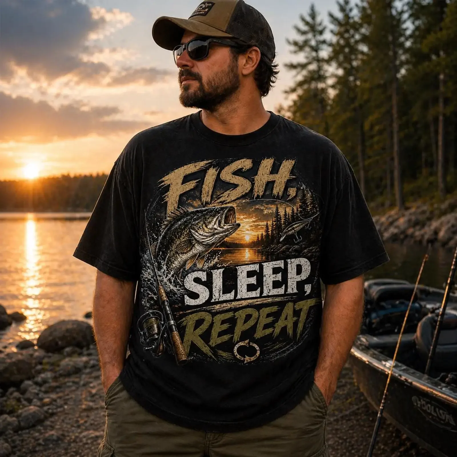 Fish Sleep Repeat Angler Oversized Vintage T Shirt Perch Fishing Print Outdoor Camping Rod Pattern for Fishermen vintage