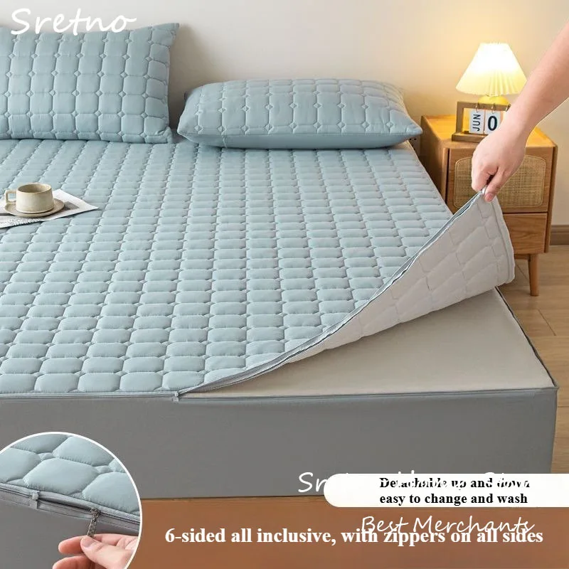 

SRETNO New Pure Cotton 6-sided Full Cover Fitted Sheet with Zipper Mattress Protector Covers Double Bed Sheet Cover Queen Size