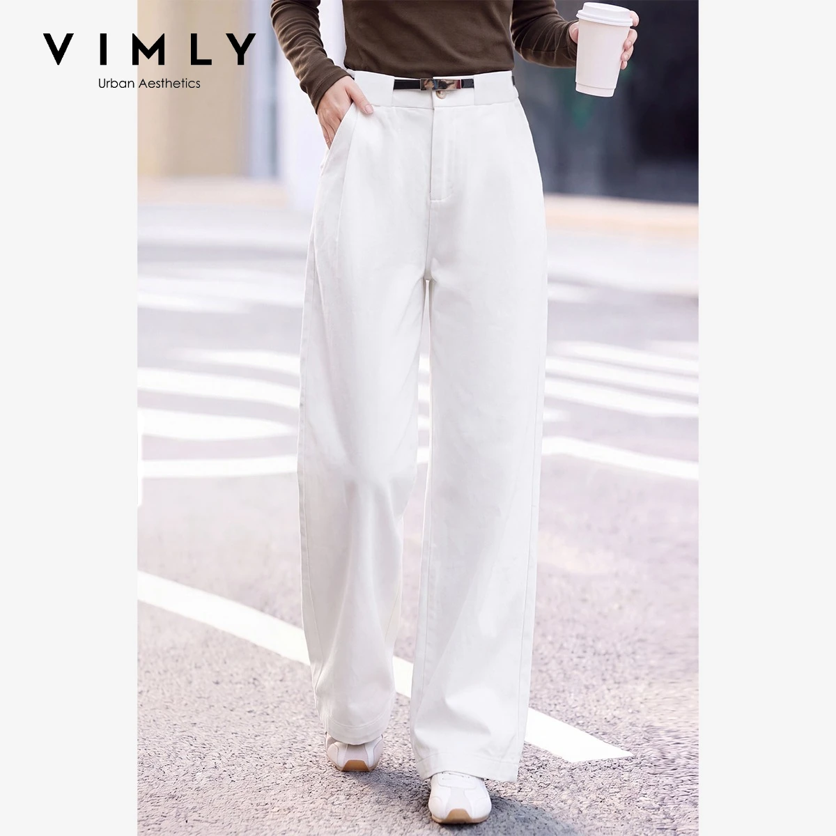 VIMLY White Pants Women 2026 High Waist Wide-leg Casual Baggy Pants with Belt Commute Style Cotton 100% Long Pants Female 31722