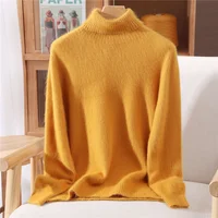 Autumn And Winter New 100% Mink Cashmere Sweater Ladies' High Lapel Solid Color Padded Pullover Wool Knitted Bottoming Shirt - Image 2