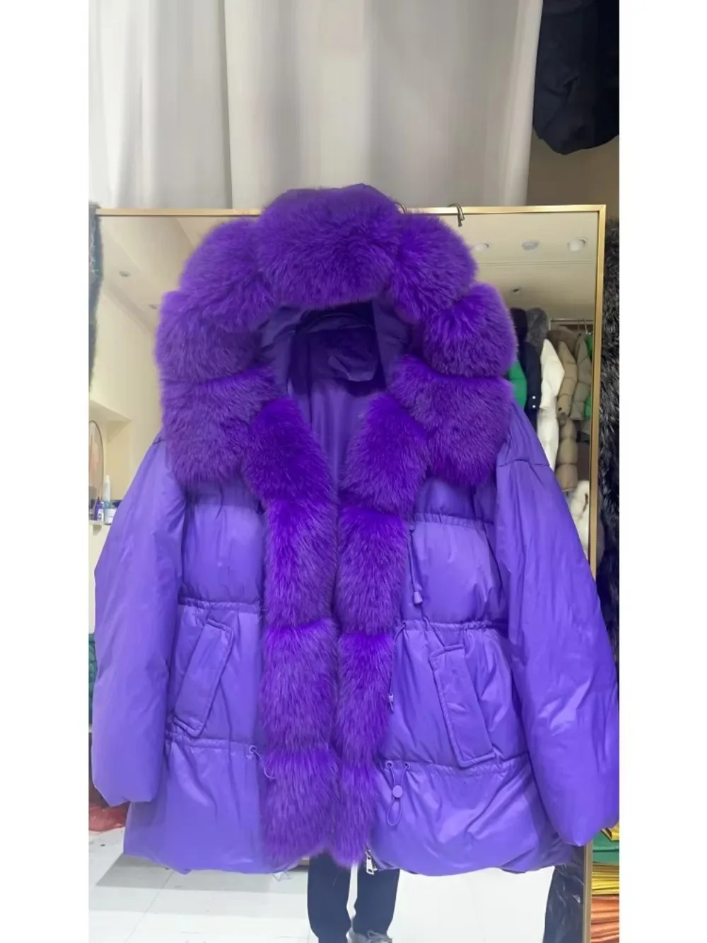 

OFTBUY Куртка-пуховик из натурального меха, женская толстая теплая куртка с капюшоном на белом утином пуху, верхняя одежда, зима-осень, женское пальто из натурального лисьего меха