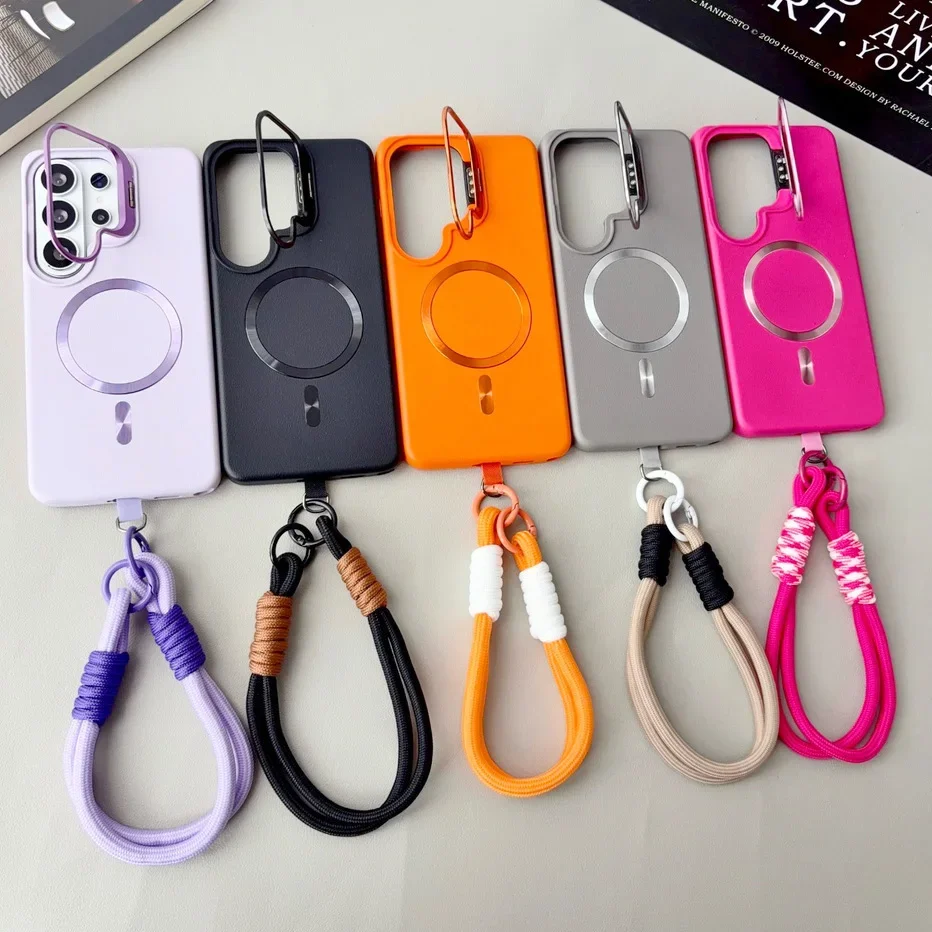 Wrist Strap Leather Textured Case For Samsung Galaxy S26 Ultra s26 + S25 ultra S24 S23 Metal Lens Bracket Magnetic Ring Cover