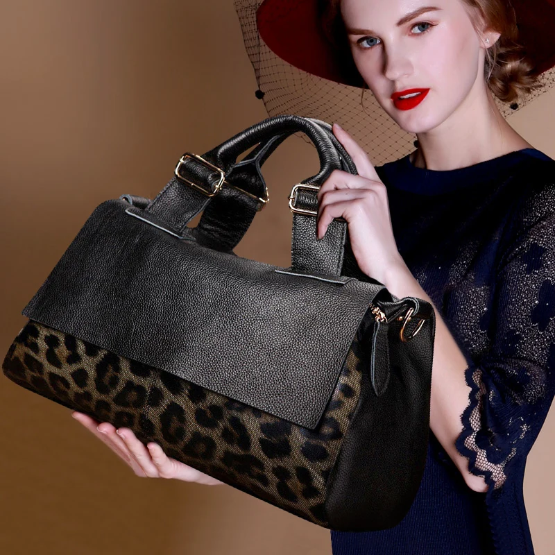 Aidrani Classic Leopard Pattern Genuine Leather Women's Bag Large Capacity Women's Handbag Cowhide Casual Shoulder Bag