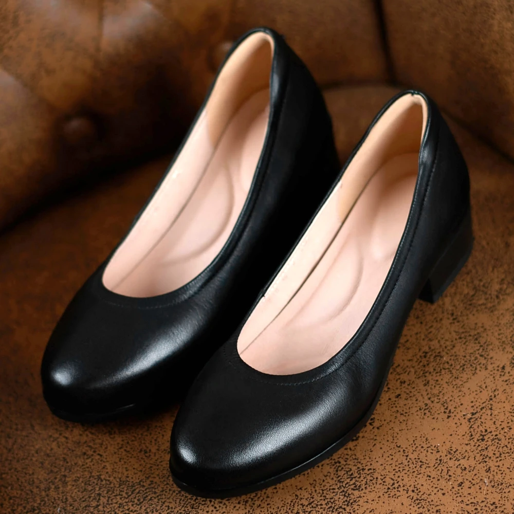 Med Square High Heels Women 2022 New Real Cow Leather Spring Round Toe Girl Black Work Pumps Shoes For Woman A0005