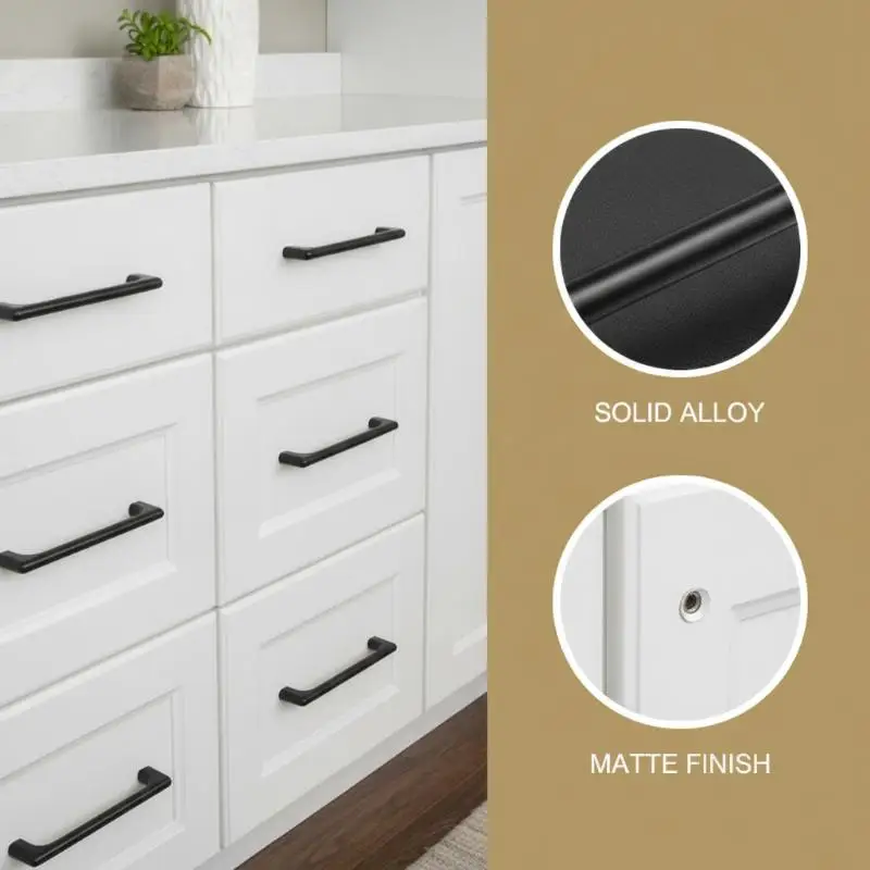 Matte Gold Black Aluminum Alloy Kitchen Cabinet Handles Easy to Install Smooth Edge Drawer Pulls for Bathroom Cabinet Renovation